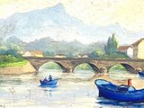 painting of two boats on a river with a bridge and mountains in the background