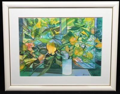 a painting of lemons in a white vase on a table