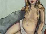 a painting of a woman sitting on a couch