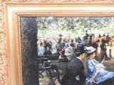 a painting of a couple sitting on a bench in a park