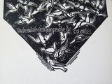 a black and white drawing of birds flying in the sky