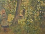 un tableau représentant une jeune fille debout dans les bois
