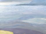 an oil painting of a dog sitting on a rock by the water