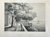 un vieux dessin en noir et blanc représentant un lac et une maison