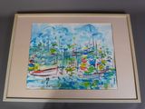aquarelle encadrée représentant des bateaux dans un port sous un ciel bleu