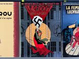 three books that are on a shelf in front of a window