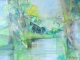 a painting of a cat sitting on a bench in the woods