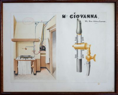 peinture représentant un dessin d'une cuisine avec une cuisinière et un évier