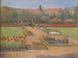 un tableau représentant un jardin avec des tulipes au premier plan