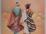 painting of two women walking in a desert with a sky background
