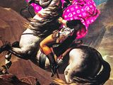 a painting of a man riding a horse with a pink umbrella