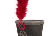 une plume rouge qui dépasse du haut d'un chapeau