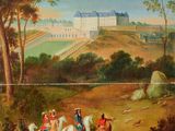 an image of a painting of a group of people riding horses in a field