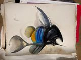 a painting of a blue and yellow fish on a piece of paper