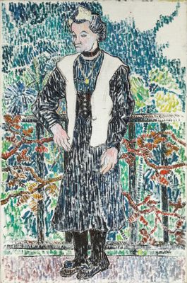 une image représentant le dessin d'une femme en robe et gilet