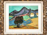 an image of a painting of a landscape with mountains in the background