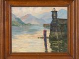 an oil painting of a lighthouse on the shore of a body of water