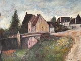 painting of a painting of a village with a bridge over a river