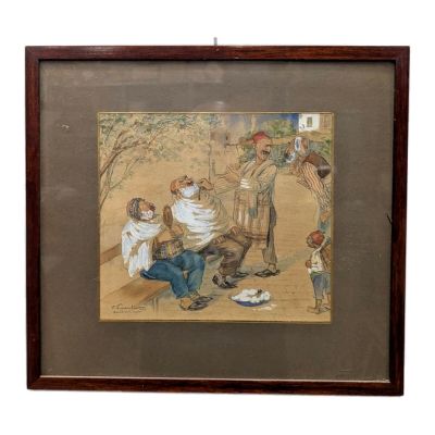 tableau représentant un homme et une femme assis sur un banc avec un enfant