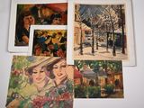 four postcards of paintings of a woman and a man in a park