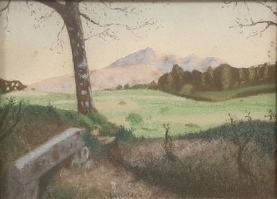 a painting of a bench in the middle of a field