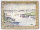 un tableau représentant des bateaux sur l'eau, dans un cadre doré