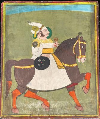 an old painting of a man riding a horse in a field
