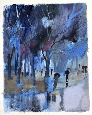 un tableau représentant des personnes marchant sous la pluie avec des parapluies