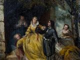 an image of a painting of a group of people sitting on steps