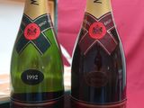 deux bouteilles de champagne posées l'une à côté de l'autre sur une table
