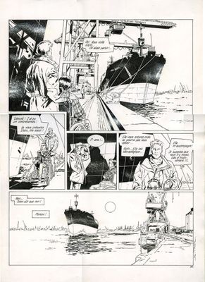 une bande dessinée en noir et blanc avec un bateau en arrière-plan