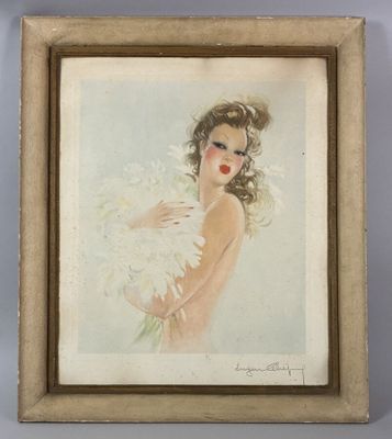 painting of a woman holding a bunch of white flowers in her right hand
