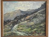 an oil painting of a mountain scene with a stream in the foreground