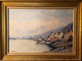 une image d'une peinture d'une ville au bord de l'eau