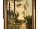 an oil painting of a country road with a gate and a person sitting on a bench