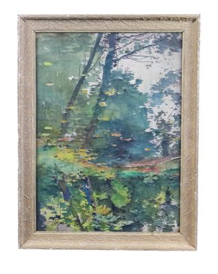 a painting of trees and water in a frame on a white background