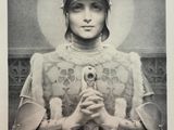 an old picture of a woman in armor holding a sword