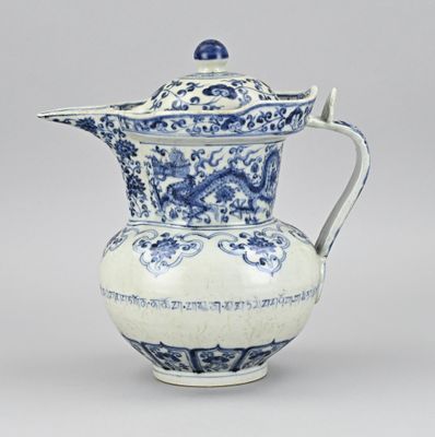 blue and white porcelain teapot with a dragon handle