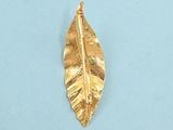 a close up of a gold leaf pendant on a blue surface