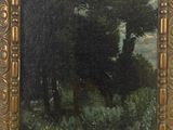 an image of a painting of a man riding a horse in a wooded area
