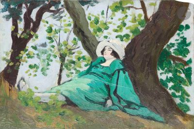 an oil painting of a woman in a green dress sitting under a tree