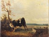 painting of a cow and a dog in a field by a tree
