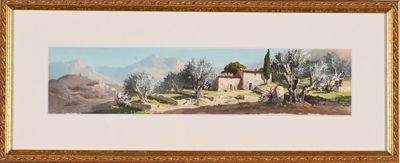 painting of a landscape with a house and trees in the foreground