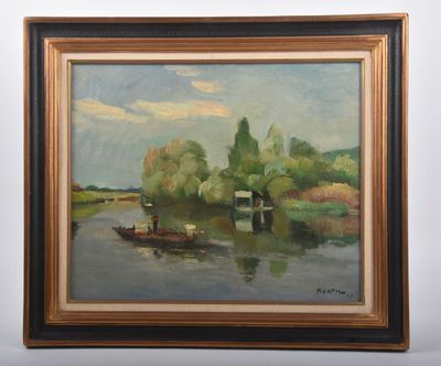 an oil painting of a boat on a river with trees in the background