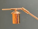 a copper colored lamp that is on a metal pole