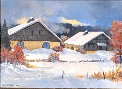 painting of a winter scene with a barn and trees in the foreground