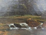 a painting of a river with a herd of sheep in it