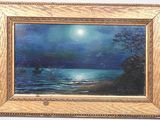 an image of a painting of a boat in the ocean at night