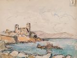 dessin représentant un château sur une côte rocheuse, avec un bateau dans l'eau