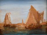 une peinture représentant des bateaux sur l'eau, avec le ciel en arrière-plan